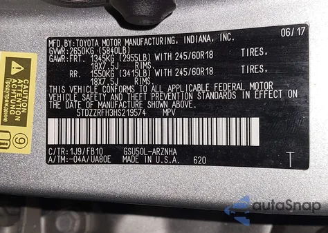 2017 Toyota Highlander Le from USA, damaged, VIN 5TDZZRFH3HS219574